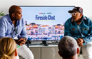 The ultimate storyteller, Spike Lee (r), told myriad amazing stories during this fireside chat at Cannes with Omnicom PR Group CEO Chris Foster (l). (All photos courtesy of Jordan Mary.)