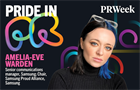 Pride in PR logo with headshot of Amelia-Eve Warden