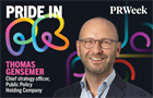 Pride in PR logo with headshot of Thomas Gensemer
